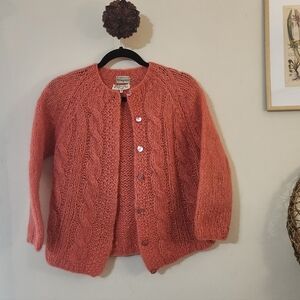 Vintage Hand Knit Coral Mohair Wool Cardigan made in Italy for Hengerer's. Size